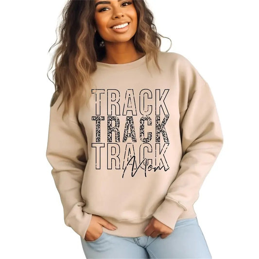 Track Mom Sweatshirt, Women's Letter Print Sports Mom Sweatshirt,Track Mom Shirt, Leopard Print Round Neck Sweatshirt,...
