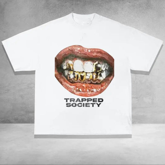 Trapped Society Big Mouth Y2k Shirt Graphic Tees Oversized Cotton Fabric Top Streetwear