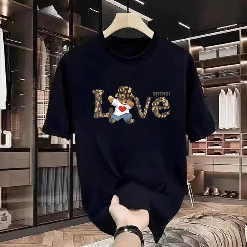 Trend Creative Love Printed Short-Sleeved T-shirt Men's 2025 Summer Pure Cotton Loose Couple Outfit T-shirt Bear Top