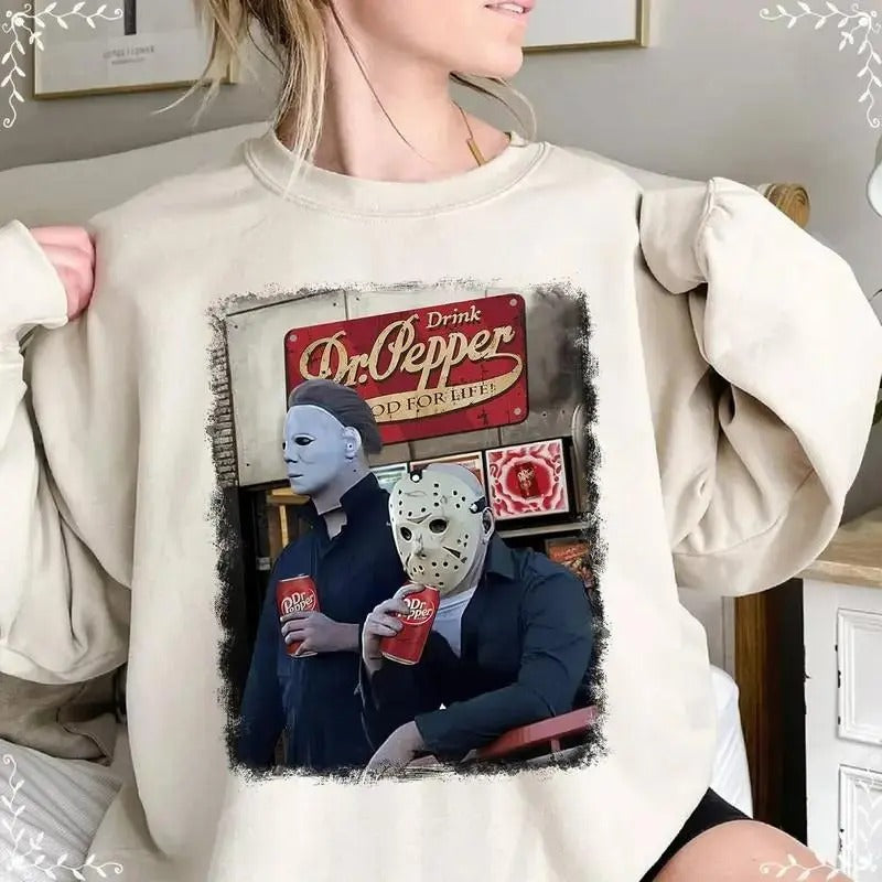 Trending My3rs and V00rhees Drinking Dr. Pepper Halloween  Sweater, Funny Halloween Dr Pepper Horror Characters Sweatshirt for men and women, Available sizes S to 3XL