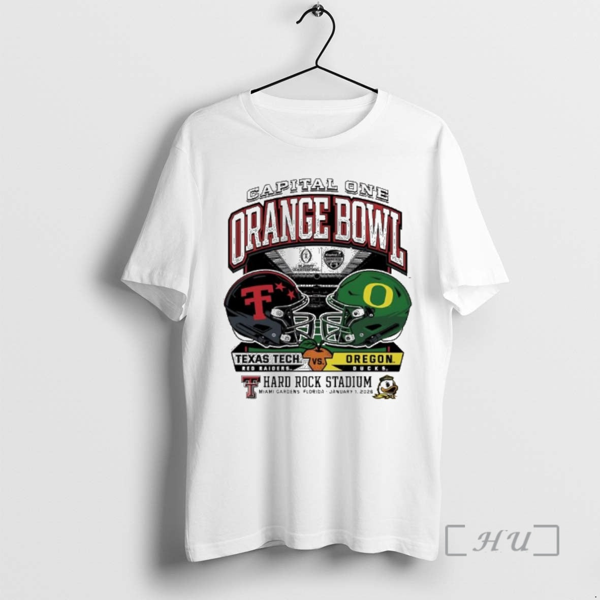 Trending Oregon Vs Texas Tech 2025 Orange Bowl Hard Rock Stadium Helmet Premium T Shirts Hoodie, Sweatshirt