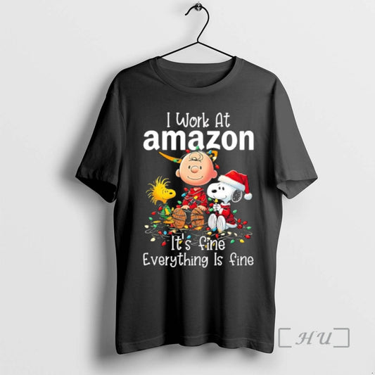 Trending Peanuts Characters Christmas Lights I Work At Amazon Its Fine Everything Is Fine Premium T-Shirts, Hoodie,...