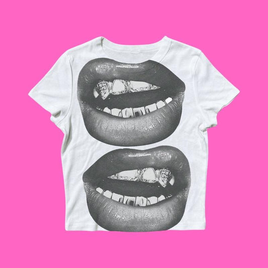 Trendy Baby Tee | Y2K Baby Tee, 90s Baby Tee, Graphic Shirt , Coquette, Vintage Design Women's Lip Print T-Shirt