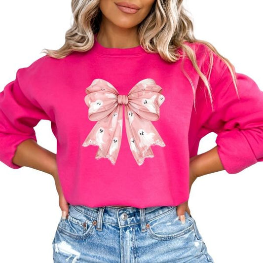 Trendy Coquette Halloween Long Sleeve Crewneck | Unisex | Colorful Bow with Ghosts | Feminine, Delicate, Playful Design |...
