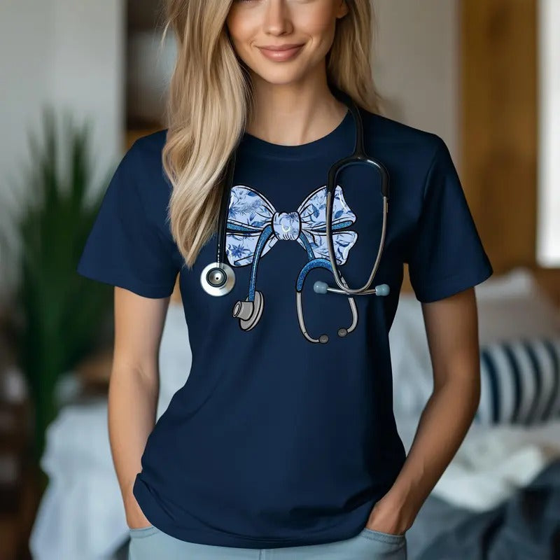 Trendy Nurse Essential Cute Floral Stethoscope Bow Nurse Ribbon T-Shirt Casual Comfort Hoodie, Sweatshirt