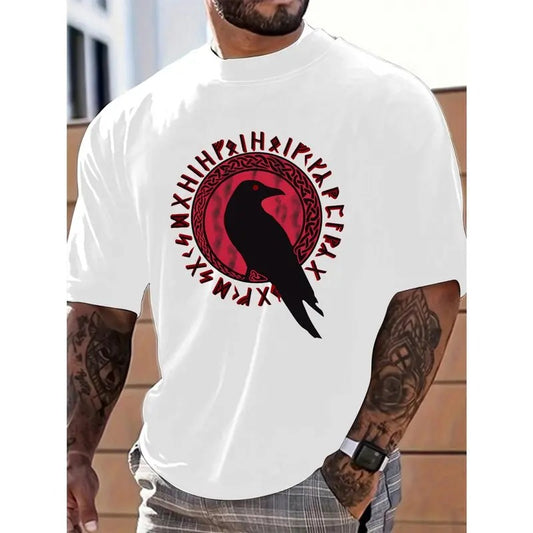 Trendy Plus Size Men's Black Bird Pattern Print T-Shirt - Casual Fashion Tee with Short Sleeve Crew Neck Design, Street Style Comfortable Wear - Unique Graphic Print, Breathable Fabric, and Relaxed Fit for Everyday Casual Occasions Made in USA