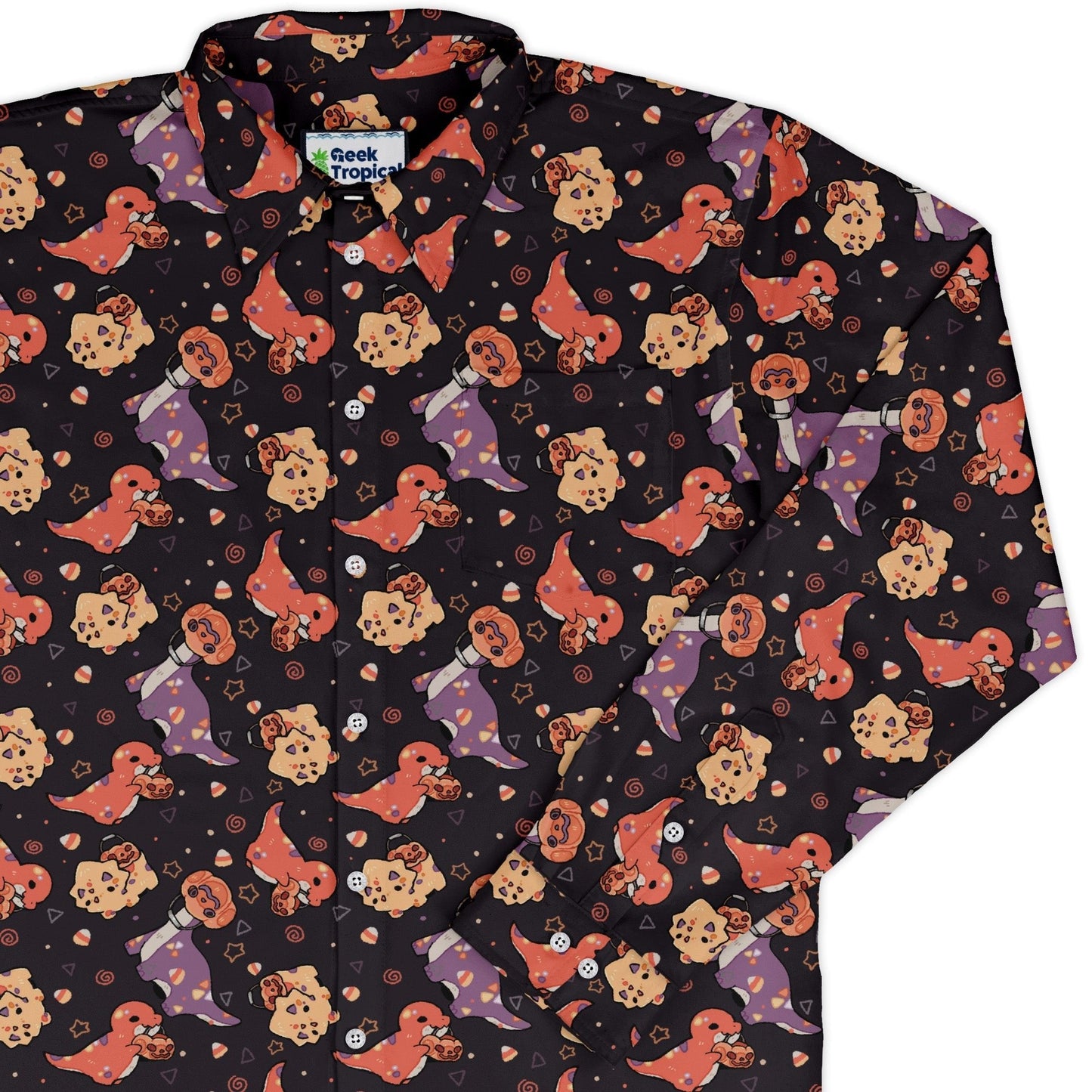 Trick or Treat Dinos Long Sleeve Button Up Shirt