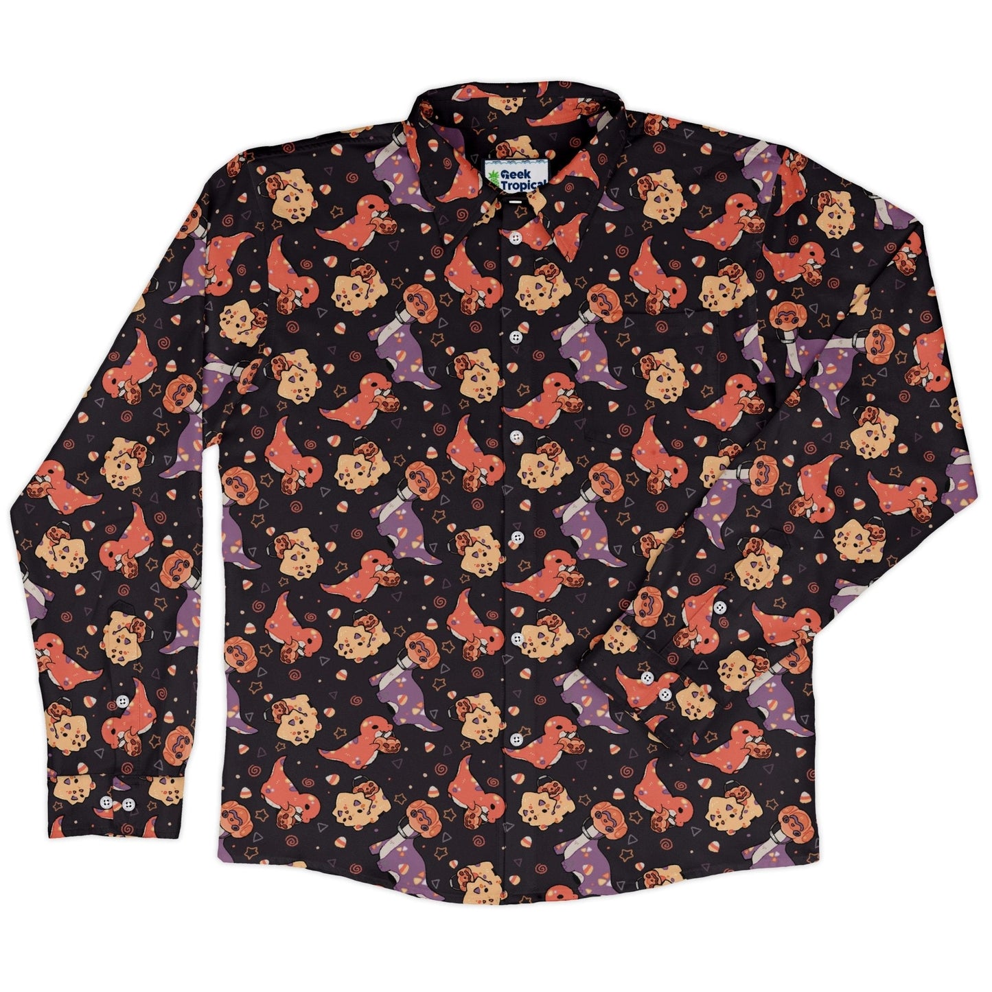 Trick or Treat Dinos Long Sleeve Button Up Shirt