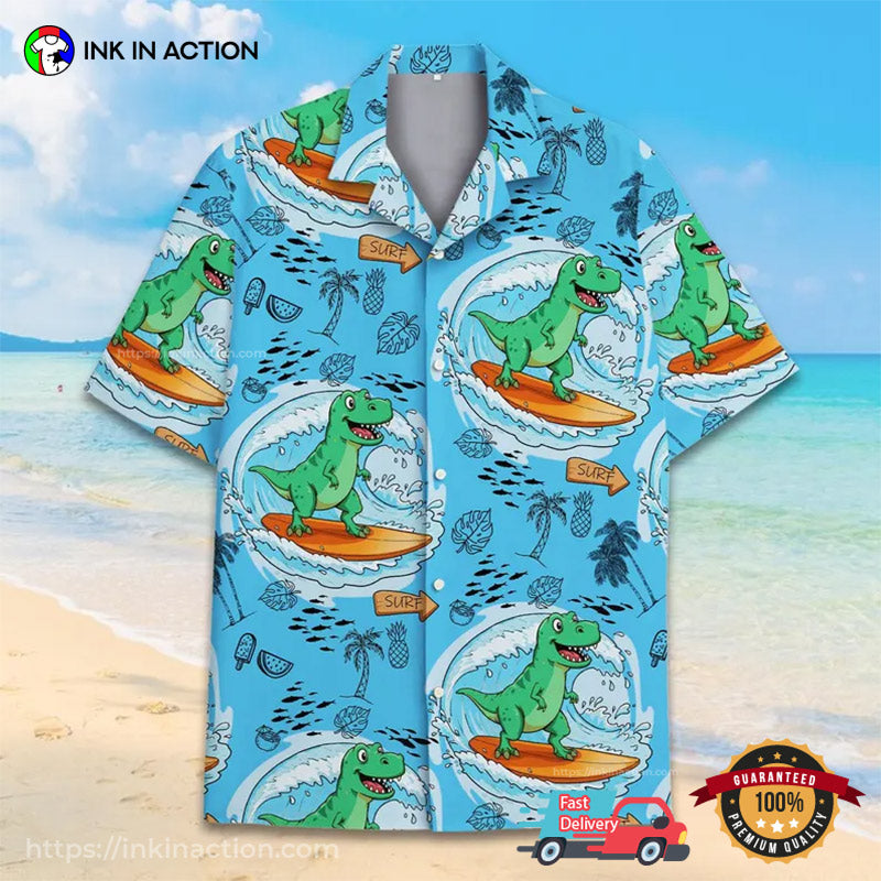 Tropical Dinosaur Surfing Hawaiian Shirt