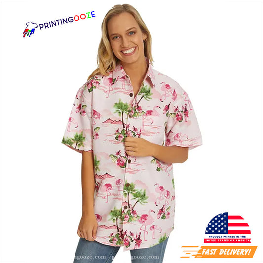 Tropical Island Beach Pink Flamingos Hawaiian Shirt