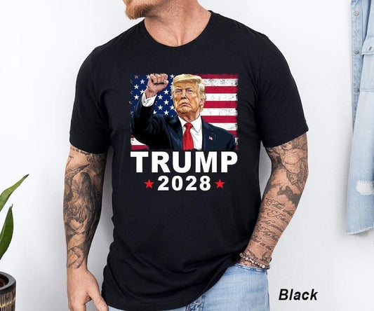 Trump 2028 T-Shirt , Unisex Jersey Tee, Re-Elect Trump 2028 T-Shirt, American Flag Gifts, Red Hot Politics Shirt, Political Tee, For Men, For Women