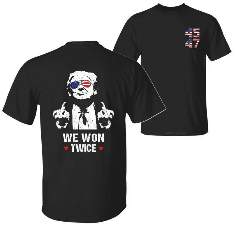 Trump We Won Twice 45th 47th President Shirt, Trump Shirts for Sale, Wins Inauguration 2 Sided Menswear Top Hoodie,...