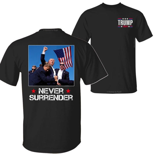 TrumpP Never Surrender T-shirt, I Stand with Trum Shirt, Praying for President Trum Shirt, Bloodied Trumpp Fist Pumps, Trum Shirts 2024, Double Sided Graphic Printed Unisex Classic  T-Shirts in All Sizes All Colors for Men and for Women Menswear Top