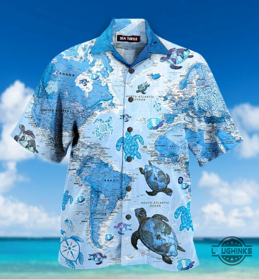 Turtle Blue Map Hawaiian Shirt Aloha Summer Beach Button Up Shirts And Shorts NEW