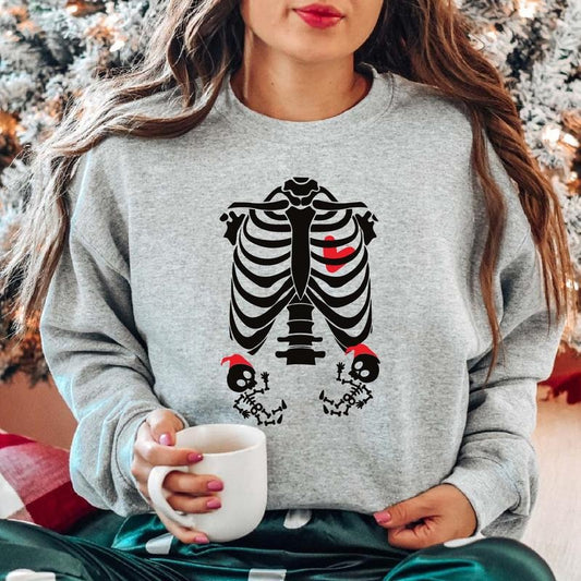 Twin Skeleton Christmas Maternity Sweatshirt, Funny Twin Pregnancy Announcement Sweater, New Mom To Be Gift Hoodie,...