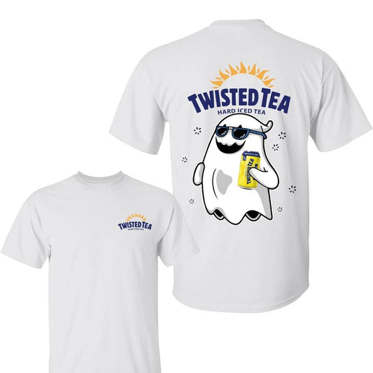 Twisted Tea Ghost Halloween 2 Sided Shirt, Unisex Cotton Crewneck Tee for Men & Women, Casual Halloween Tee with Tea Bottle Graphic shirt Tee Cotton