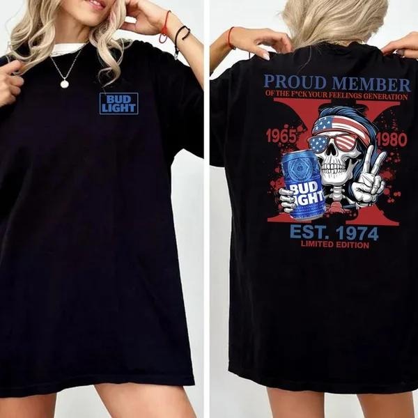 Two-sided Custom Gen X With Beer T-shirt, BL Proud Member Of The Fck Your Feelings 1965