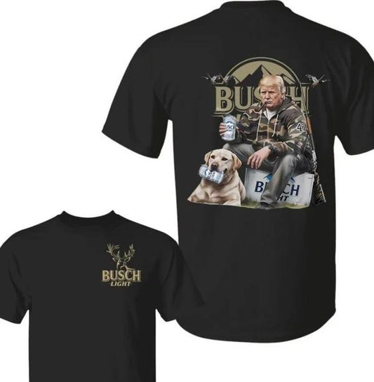Two-sided Hunter Trump With Busch Light T-shirt, Camo Hunting Dog, Patriotic Beer Drinking Shirts, Funny Summer Graphic Tee, Trendy Outdoors Beer Lover Sweatshirt, Unisex Hoodie
