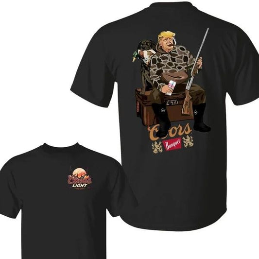 Two-sided Hunter Trump With Coors Light T-shirt, Camo Hunting Dog, Patriotic Beer Drinking Shirts, Funny Summer Graphic Tee, Trendy Outdoors Beer Lover Sweatshirt, Unisex Hoodie