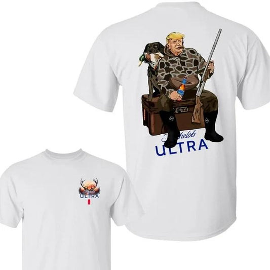 Two-sided Hunter Trump With Michelob Ultra T-shirt, Camo Hunting Dog, Patriotic Beer Drinking Shirts, Funny Summer Graphic Tee, Trendy Outdoors Beer Lover Sweatshirt, Unisex Hoodie