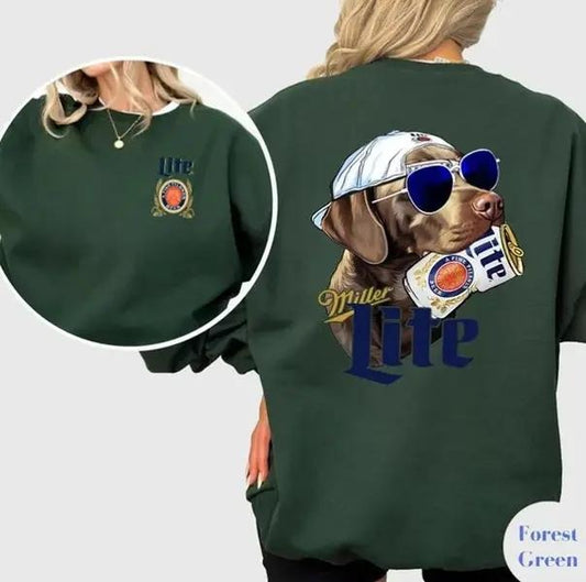 Two-sided Miller Lite Hunting Dog T-shirt, Funny Summer Graphic Tees, Trendy Outdoors Beer Lover Sweatshirts, Unisex Hoodies