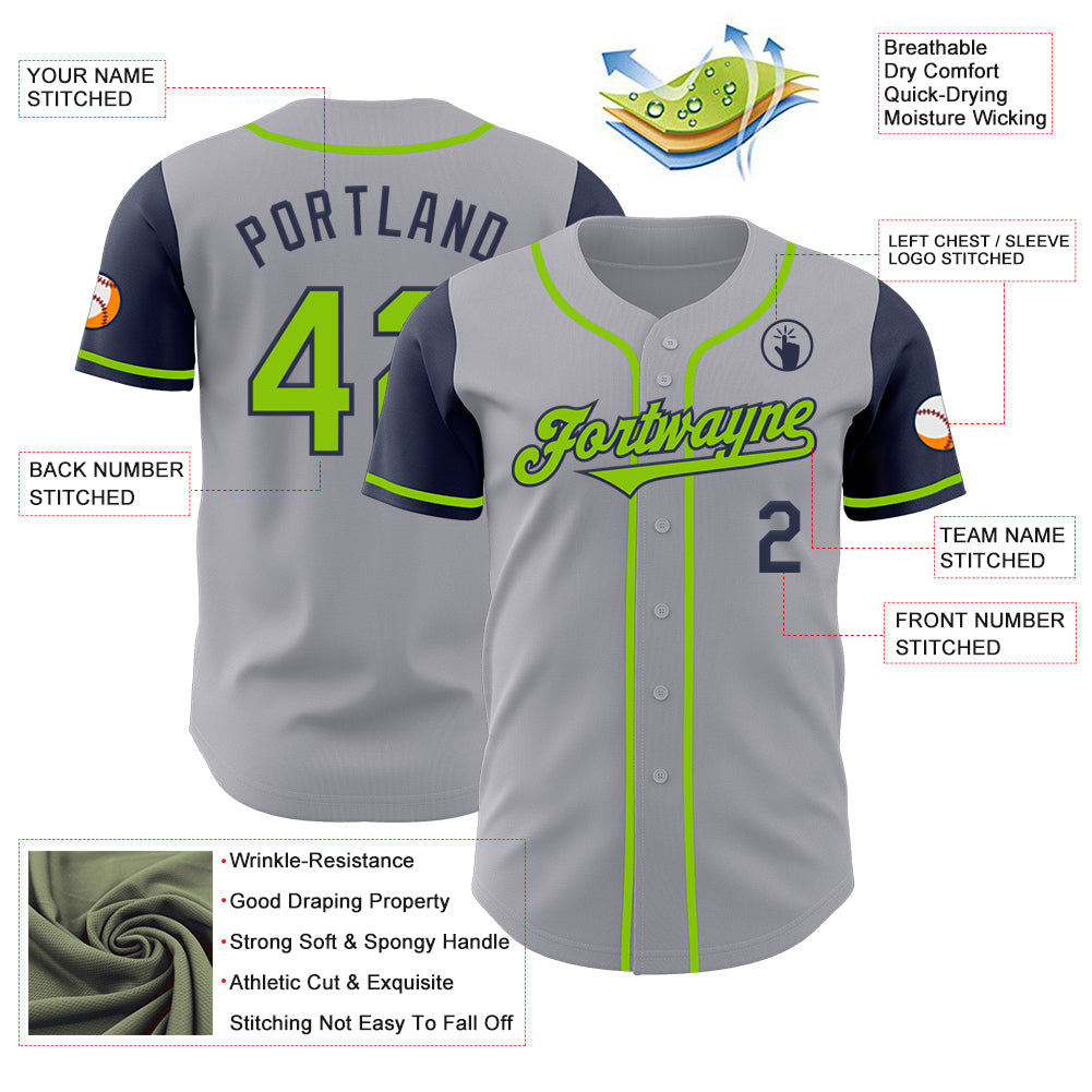 Custom Gray Neon Green-Navy Authentic Two Tone Baseball Jersey
