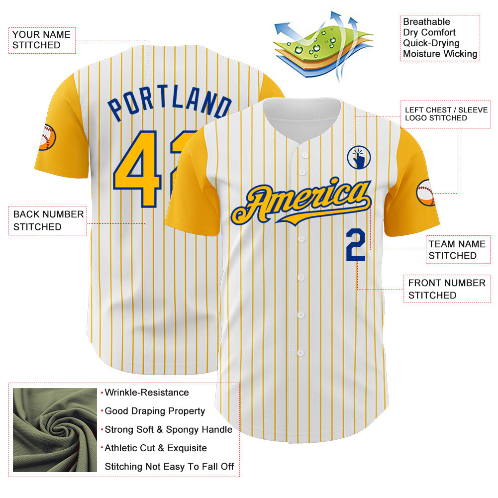 Custom White Gold Pinstripe Royal Authentic Two Tone Baseball Jersey
