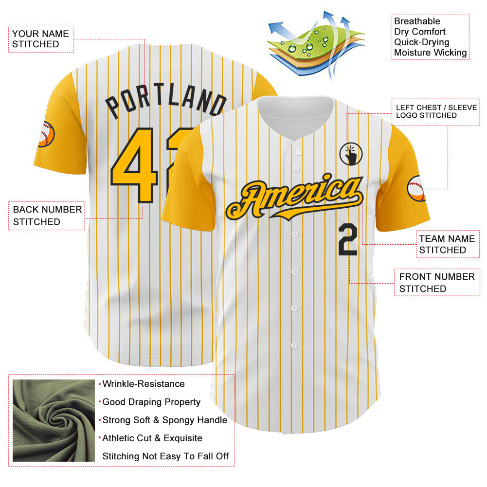 Custom White Gold Pinstripe Black Authentic Two Tone Baseball Jersey