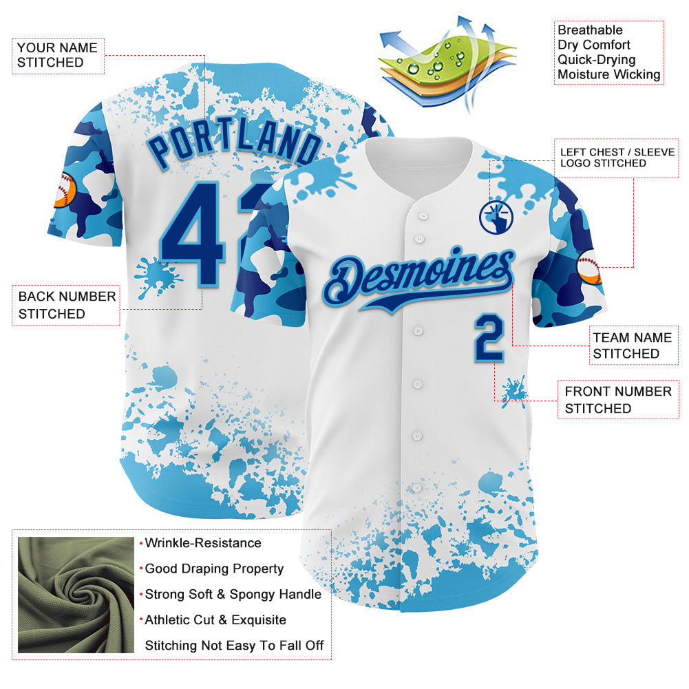 Custom White Royal-Sky Blue Splatter Camo Two Tone Authentic Baseball Jersey