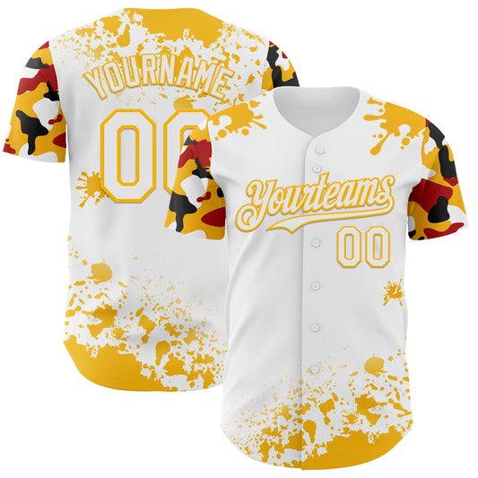 Custom White Gold Red-Black Splatter Camo Two Tone Authentic Baseball Jersey