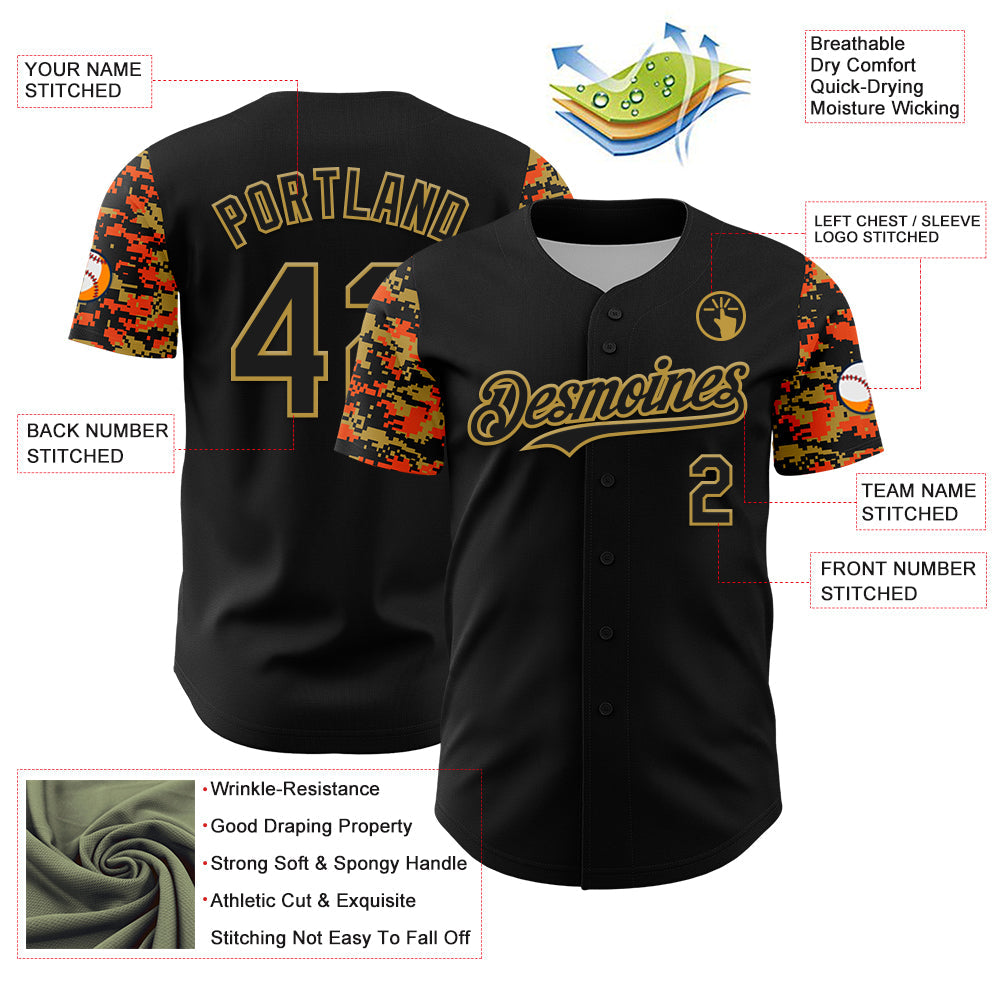 Custom Black Old Gold-Orange Digital Camo Two Tone Authentic Baseball Jersey