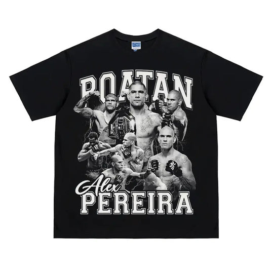 UFC "Alex Pereira" Heavyweight Vintage Tee 100% Cotton OVERSIZED T-shirt Menswear Top Crew Necks Clothing For UFC Fans Casual Streetwear Black Crewneck Baggy Tshirt Gamis Tropical Shortsleeve