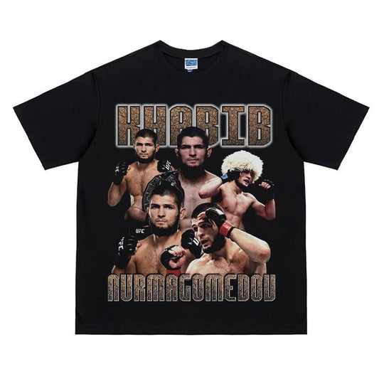 UFC "Khamzat Chimaev" Heavyweight Vintage Tee 100% Cotton OVERSIZED T-shirt Menswear Top Crew Necks Clothing For UFC Fans Casual Streetwear Black Crewneck Tshirt Gamis Tropical Shortsleeve