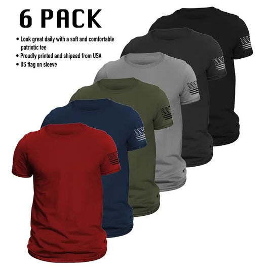 US Patriotic Flag on Sleeve T-Shirt 6 Pack Classic Crewneck Tee Soft Comfortable Everyday Wear Streetwear Top Menswear
