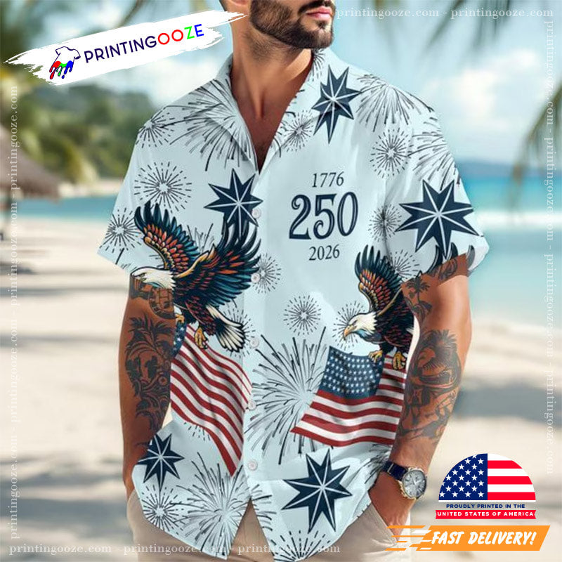 USA 250th Anniversary American Flag Fireworks Hawaiian Shirt