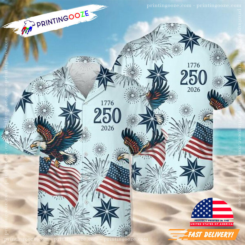 USA 250th Anniversary American Flag Fireworks Hawaiian Shirt