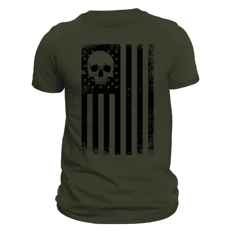 USA Black Vertical Flag With Skull Men's T-Shirt Crewneck Casual Hoodie, Sweatshirt | InkThreadWorks.com