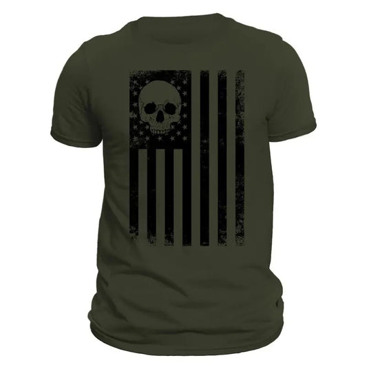 USA Black Vertical Flag With Skull Men's T-Shirt Crewneck Casual Hoodie, Sweatshirt | InkThreadWorks.com