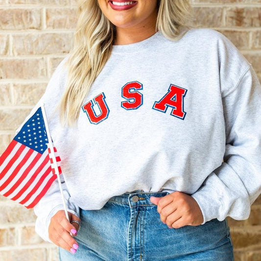 USA Letter Patch Patriotic Pullover Crew, Chenille Letter Patch T-Shirts, Hoodie, Sweatshirt | InkThreadWorks.com