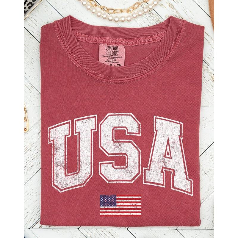 USA, Flag, Collegiate, Varsity, Olympics, Patriotic, Independence Day, Fourth Of July, America Shirt, Women's, Comfort...