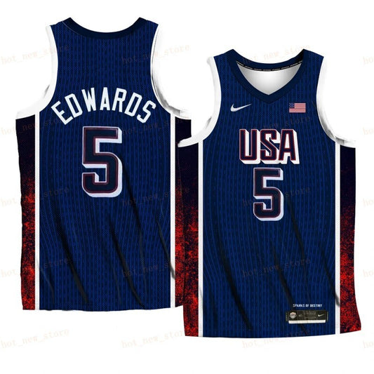 USA Team #5 Anthony Edwards 2024 Paris Olympics Navy Home
