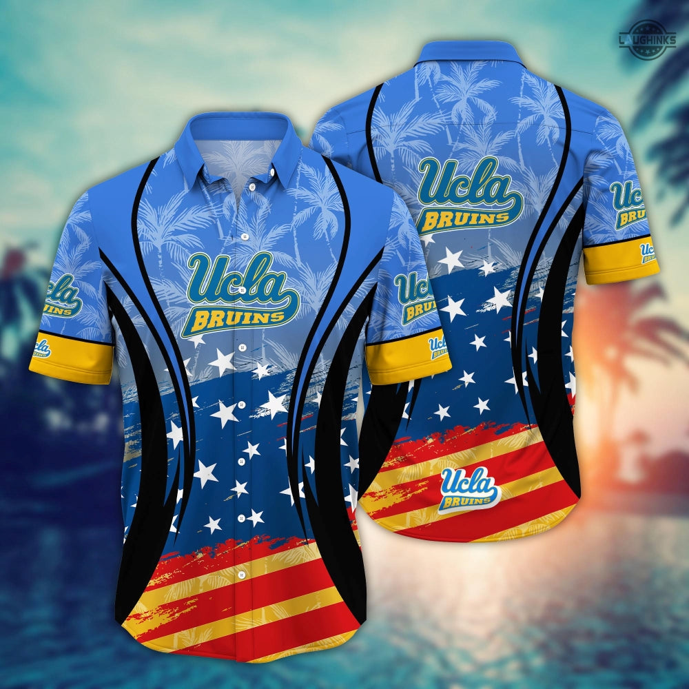 Ucla Hawaiian Shirt And Shorts Ucla Bruins Ncaa American Flag Aloha Shirt University Of California Los Angeles Button Up Shirts Football Basketball Gift For Fans