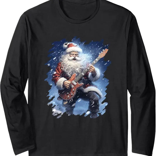 Ugly Christmas Sweater - Santa Claus Playing Guitar Long Sleeve T-Shirt Hoodie, Sweatshirt | InkThreadWorks.com