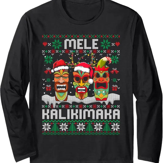 Ugly Christmas Sweater Mele Kalikimaka Hawaiian Xmas Pajamas Long Sleeve T-Shirt Hoodie, Sweatshirt | InkThreadWorks.com