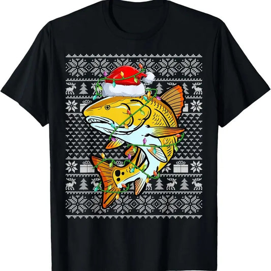 Ugly Sweater Style Xmas Lights Santa Redfish Christmas T-Shirt Hoodie, Sweatshirt | InkThreadWorks.com