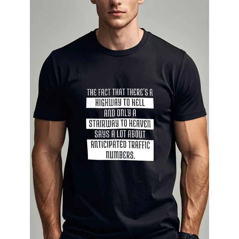 Ultra-Soft 100% Cotton Men's T-Shirt - Humorous 'Highway to Hell, Stairway to Heaven' Graphic Tee, Crew Neck, Casual Fit - Perfect for All Seasons Made in USA