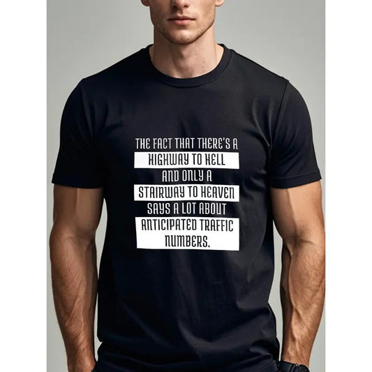 Ultra-Soft 100% Cotton Men's T-Shirt - Humorous 'Highway to Hell, Stairway to Heaven' Graphic Tee, Crew Neck, Casual Fit - Perfect for All Seasons Made in USA