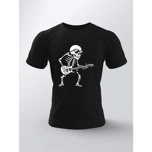 Unique Skeleton Playing Guitar Design Short Sleeve Casual T-Shirt for Men, Summer Tees Made in USA Hoodie, Sweatshirt
