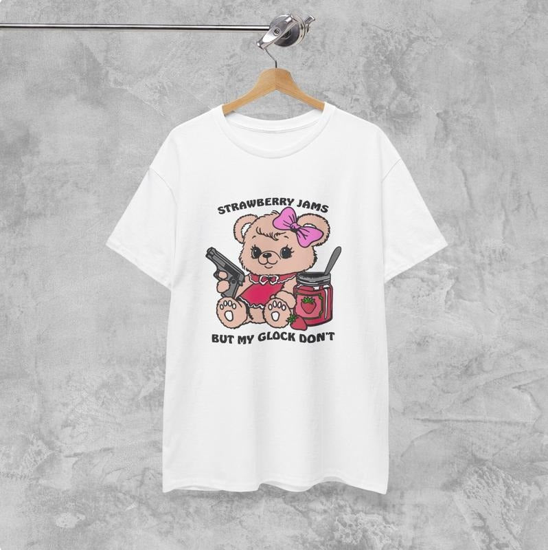 Unisex Heavy Cotton Tee, Strawberry Jams But My Glock Don't Funny Meme Bear T Shirt Menswear Top Hoodie, Sweatshirt