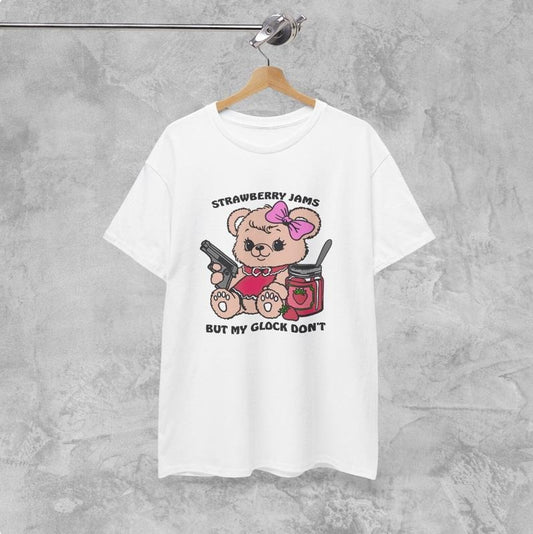 Unisex Heavy Cotton Tee, Strawberry Jams But My Glock Don't Funny Meme Bear T Shirt Menswear Top Hoodie, Sweatshirt